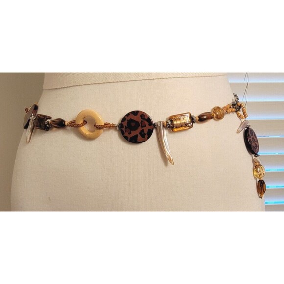 Beaded Belt Glass Acrylic Wood Chain Link Adjustable Silver Tone Leopard Vintage main image 7